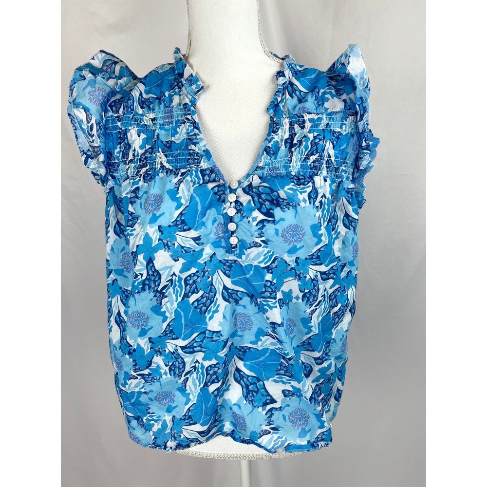 Melissa Nepton Krystel Blouse Large Blue White Floral Ruffle Sleeve‎ Cotton